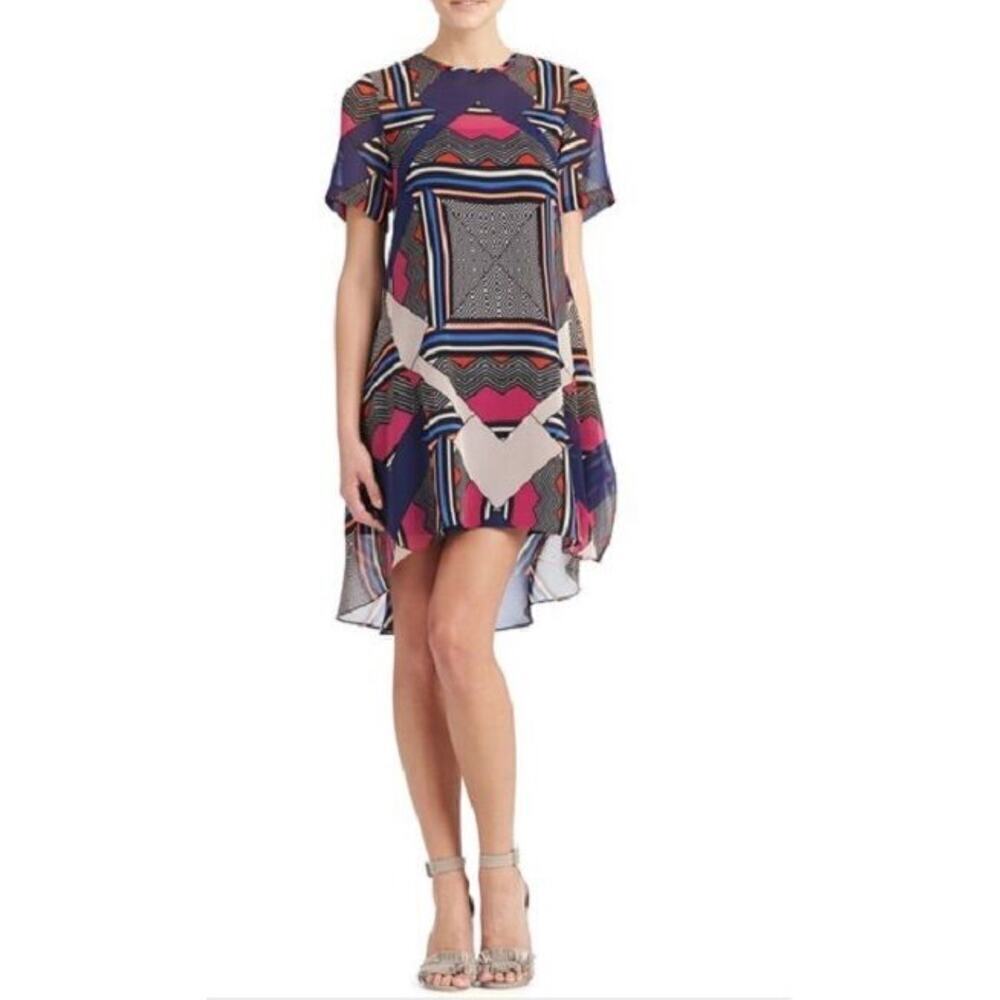 Donna Morgan Women's Short Sleeve Hi-Low Hem Chiffon Trapeze Dress Size 14 Multi